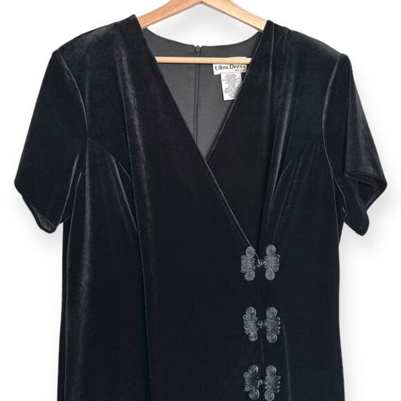 Vintage Ultra Dress Black Velour Stretchy V Neck Maxi Dress Women's Size 16 - Picture 3 of 12